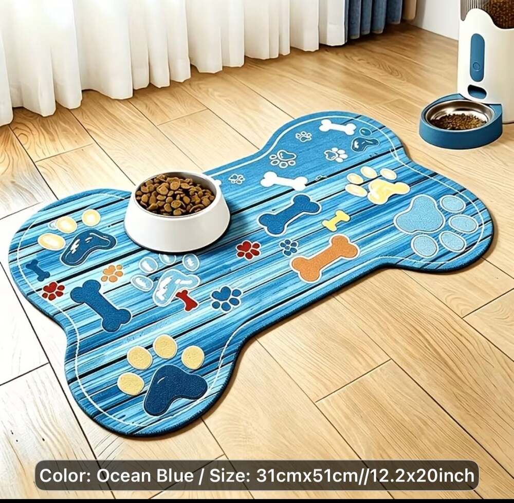 Non-Slip Quick-Dry Bone-Shaped Pet Feeding Mat Ocean Blue 12.2x20 Inch